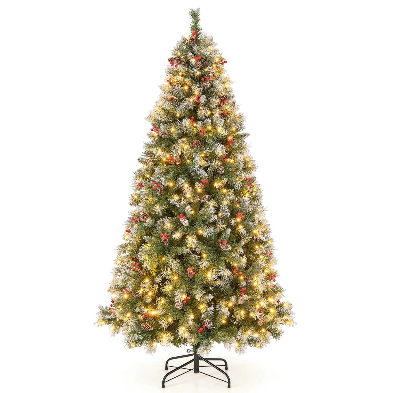 Costway 5FT/6.5FT/7.5FT Artificial Christmas Tree Hinged with 200/420/560/650 Warm LED Lights & 126/207/267/309 Red Berries